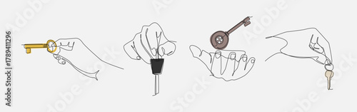 Set of hands holding various keys in continuous one line drawing style. Success, security, treasure, property, vehicle concept. Editable vector illustration.