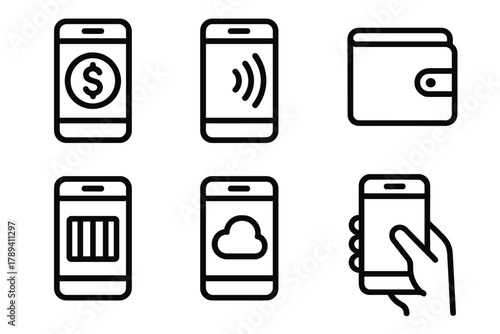 Mobile Payment Icons. Mobile payment linear icon set: phone with dollar sign, NFC symbol, wallet, barcode, cloud, hand holding phone.