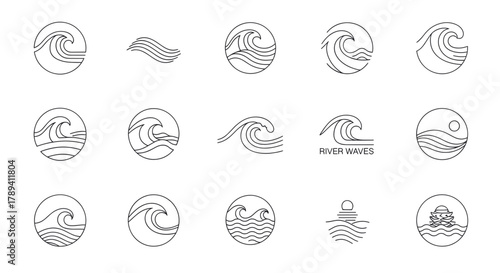 Collection of minimalist line art wave icons and logos, depicting various styles of ocean and river waves in circular and freeform designs.