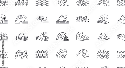 A collection of minimalist line art icons depicting various forms of ocean and sea waves, illustrating different wave patterns and movements.