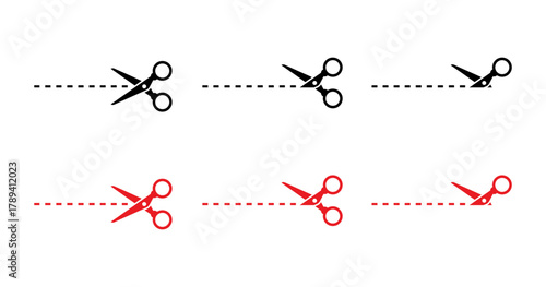 Black and Red Scissors Cut Here Icons Set. Dotted Line and Scissors Vector Collection. Voucher Coupon Instruction Symbols