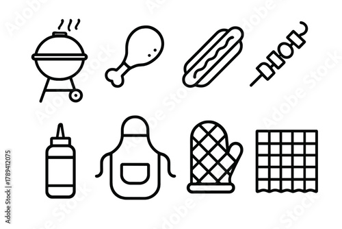 Backyard BBQ Icons. Backyard BBQ linear icon set: grill with lid, chicken drumstick, hotdog, kebab, sauce bottle, apron, oven mitt, picnic blanket.