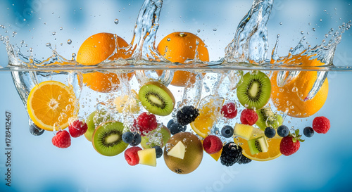 Vibrant fruits like oranges kiwis and berries splash in water symbolizing freshness and health in juice cleanses 33123877 1