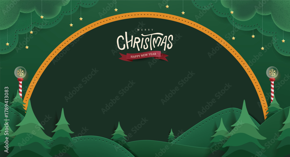 custom made wallpaper toronto digitalDark green Christmas banner background with pine trees forest in paper cut style, night sky, hanging stars, red arch frame, and striped candy pole decoration for holiday greeting card