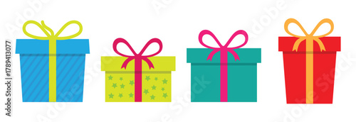 Colorful gift box vector set. Collection of presents with ribbons for birthday, Christmas, holiday celebration. Surprise packages illustration isolated