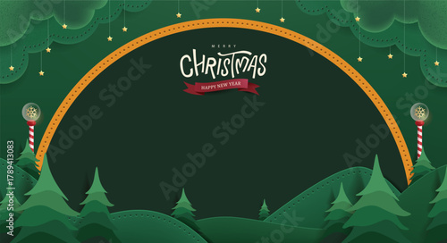 Dark green Christmas banner background with pine trees forest in paper cut style, night sky, hanging stars, red arch frame, and striped candy pole decoration for holiday greeting card 