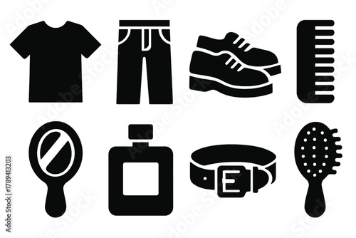 Bold Brutalist Icons. Morning Dressing Set silhouette icon set: T-shirt, pants, shoes, comb, mirror, perfume, belt, brush.