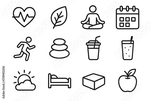 Holistic Wellness Symbols. Healthy Balance linear icon set: heartbeat, leaf, meditation pose, running person, spa stones, smoothie, calendar, yoga block, sun, cloud, resting bed,