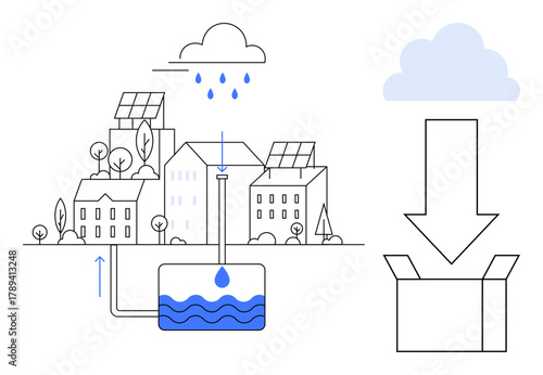 Urban landscape with buildings, solar panels, rainwater collection system, and storage box symbolizing sustainable water management. Ideal for clean energy, conservation, smart city, eco-friendly