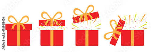 Set of festive gift box, red box wrap and yellow ribbon, closed and open with bright confetti