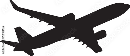 Black icon silhouette of a modern airplane taking off, symbolizing the concept of global travel, tourism, and transportation