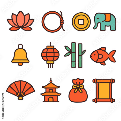 Cultural Amulet Icons. Cultural Amulets flat icons: lotus, red string, gold coin, elephant, bell, lantern, bamboo, fish, fan, pagoda, charm pouch, scroll.