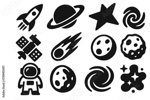 Brutalist Space Icons. Outer Space Cosmos silhouette icon set: rocket, planet, star, satellite, comet, galaxy, astronaut, moon, asteroid, telescope, black hole, nebula.