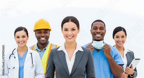 Team of Essential Workers: Doctor, Nurse, Engineer, Business