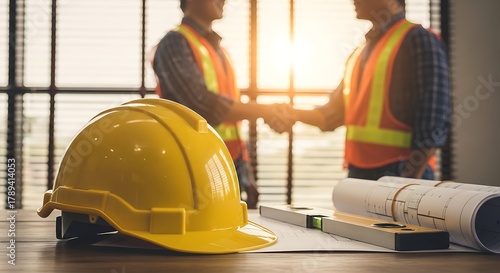 Yellow Hard Hat on Blueprints, Workers Shaking Hands