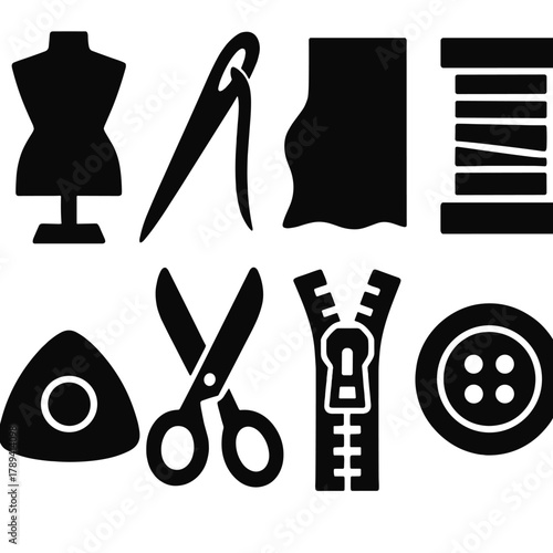 Dressmaking Icon Set. Dressmaking Collection silhouette icon set: mannequin, sewing needle, fabric, spool, chalk, scissors, zipper, button.