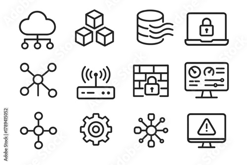 Microservices Network Icons. Distributed Microservices linear icon set: cloud network, modular cubes, data stream, secure laptop, network lines, router icon, firewall grid, secure