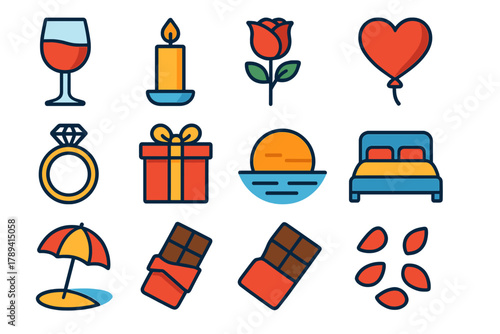 Romantic Icon Set. Romantic Getaway flat icons: wine glass, candle, rose, heart balloon, dinner table, couple’s ring, gift box, sunset, bed, beach umbrella, chocolate, petals.
