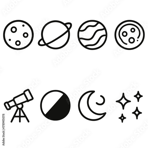 Celestial Icon Set. Natural Satellites linear icon set: moon, orbit ring, planet, crater, telescope, shadow, night sky, stars.