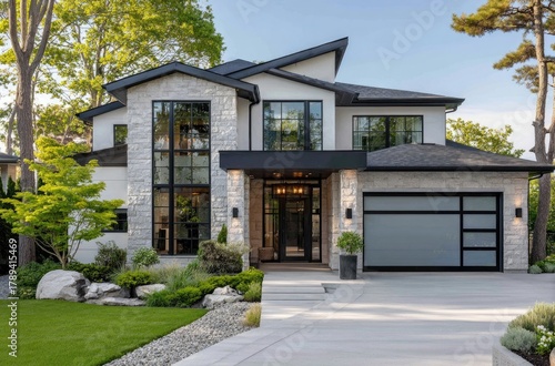 the exterior front view of an ultra-modern two-story home with white stone and black steel windows, a large garage door with vertical light gray metal panels
