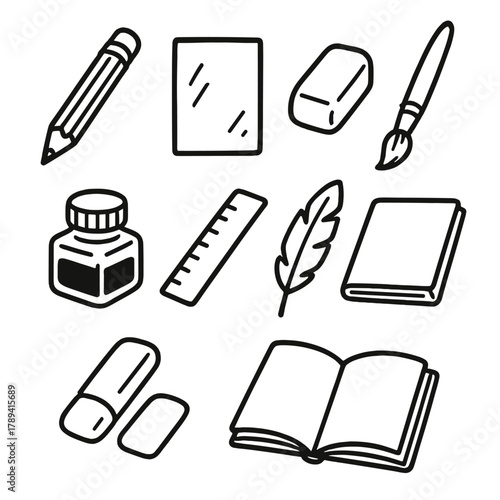 Art Tools Icons. Hand-drawn Illustration linear icon set: pencil, paper, eraser, brush, ink bottle, ruler, feather, sketchbook.