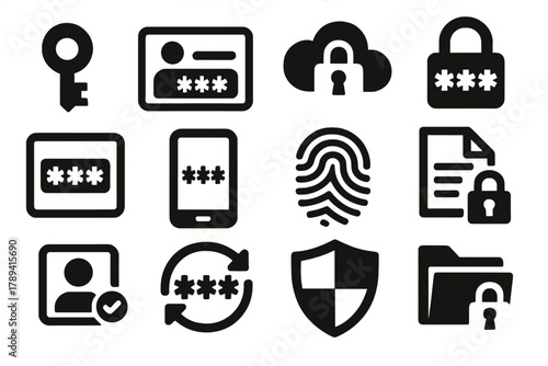Password Security Icons. Password Protection silhouette icon set: encrypted key, login box, secure cloud, lock with asterisks, password manager interface, mobile app, fingerprint