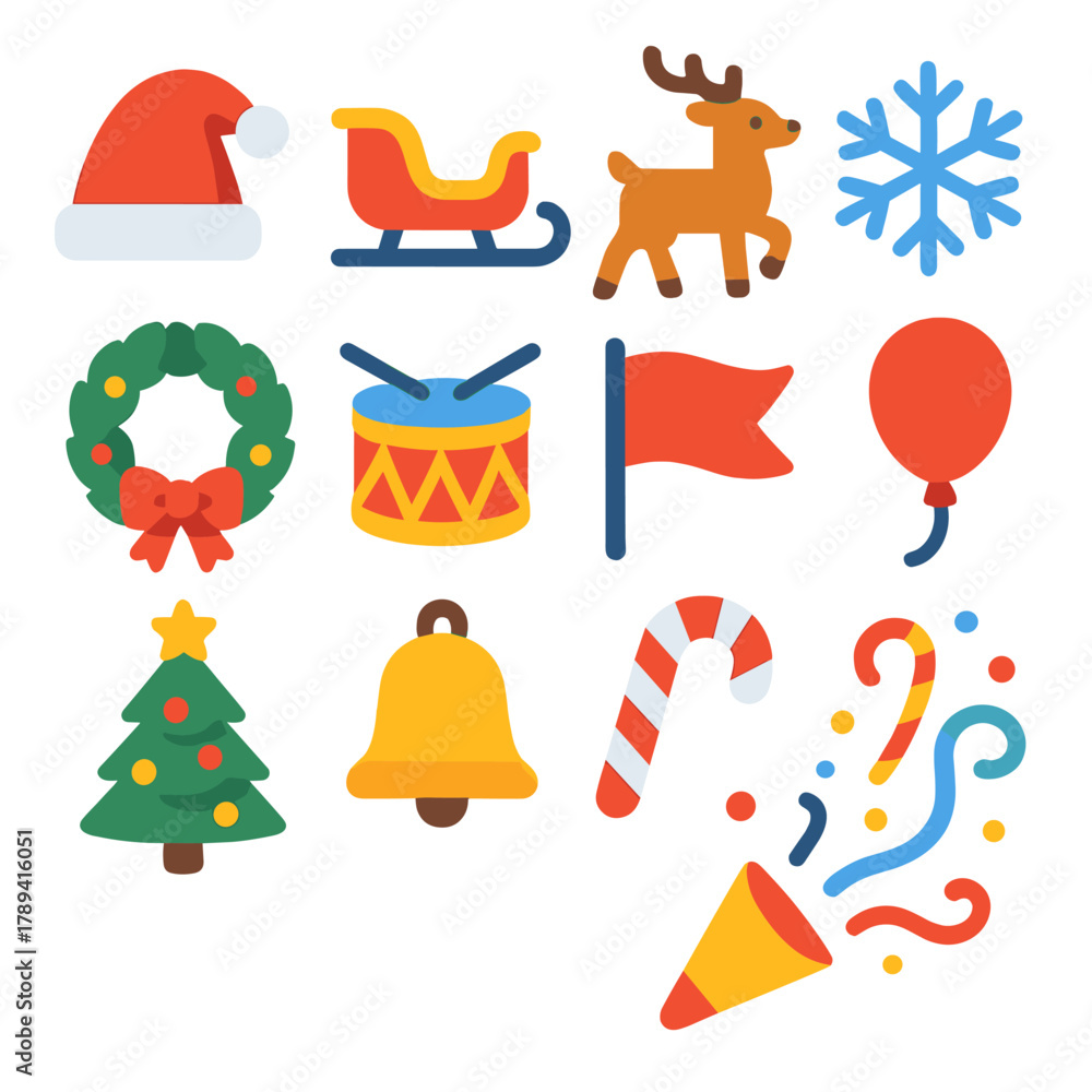 Fototapeta premium Festive Holiday Icons. Holiday Parade flat icons: Santa hat, sleigh, reindeer, snowflake, wreath, drum, flag, balloon, Christmas tree, bell, candy cane, confetti.