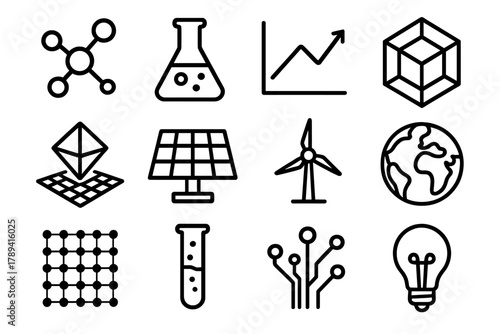 Eco-Tech Icons. Scientific Eco Power linear icon set: molecular model, lab flask, graph chart, 3D cube, hologram, solar panel, wind turbine, globe, data grid, test tube, circuit