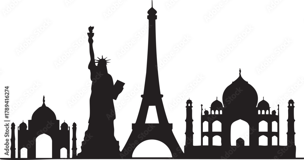 Fototapeta premium Statue of Liberty, Eiffel Tower, and Taj Mahal appear as global landmarks silhouette