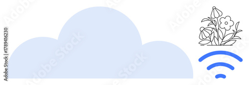 Light blue cloud, floral element, and wireless signal merge to depict sustainability, technology, and interconnectedness. Ideal for tech, eco-friendly, cloud computing, digital growth innovation