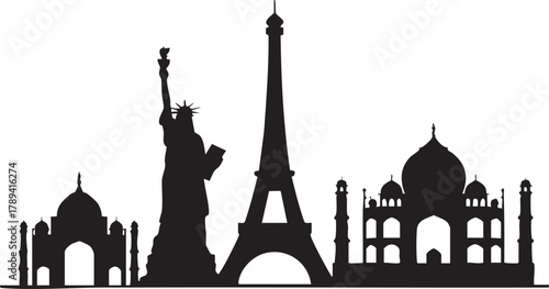 Statue of Liberty, Eiffel Tower, and Taj Mahal appear as global landmarks silhouette