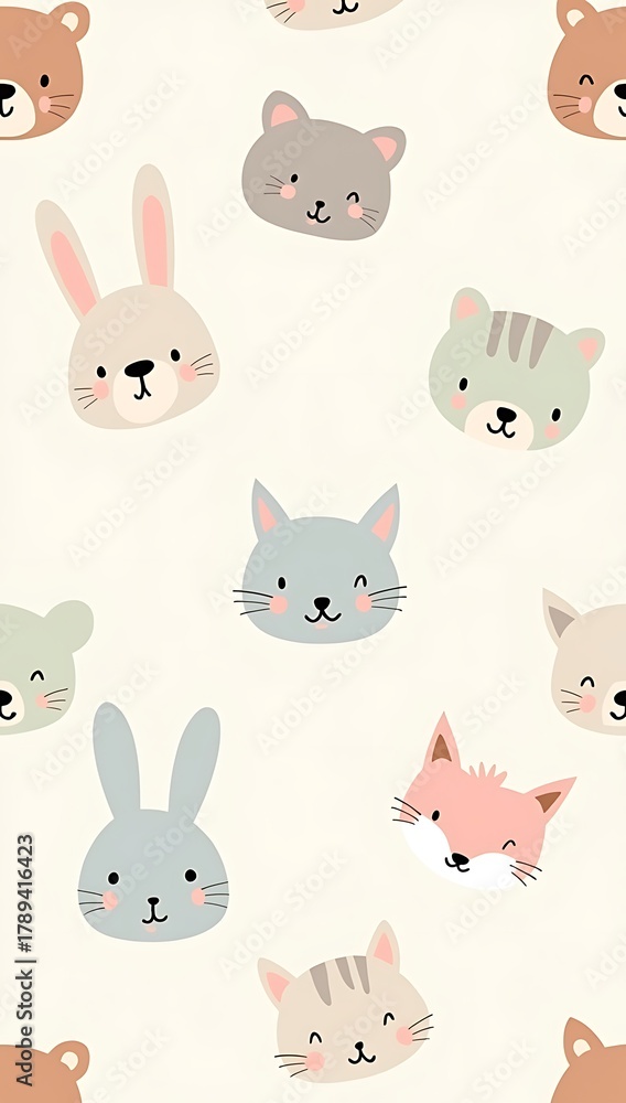 Obraz premium Adorable seamless pattern of cute animal faces like bears, bunnies, cats, and foxes in soft pastel colors, minimal cartoon kawaii vector for children’s wallpaper or prints.