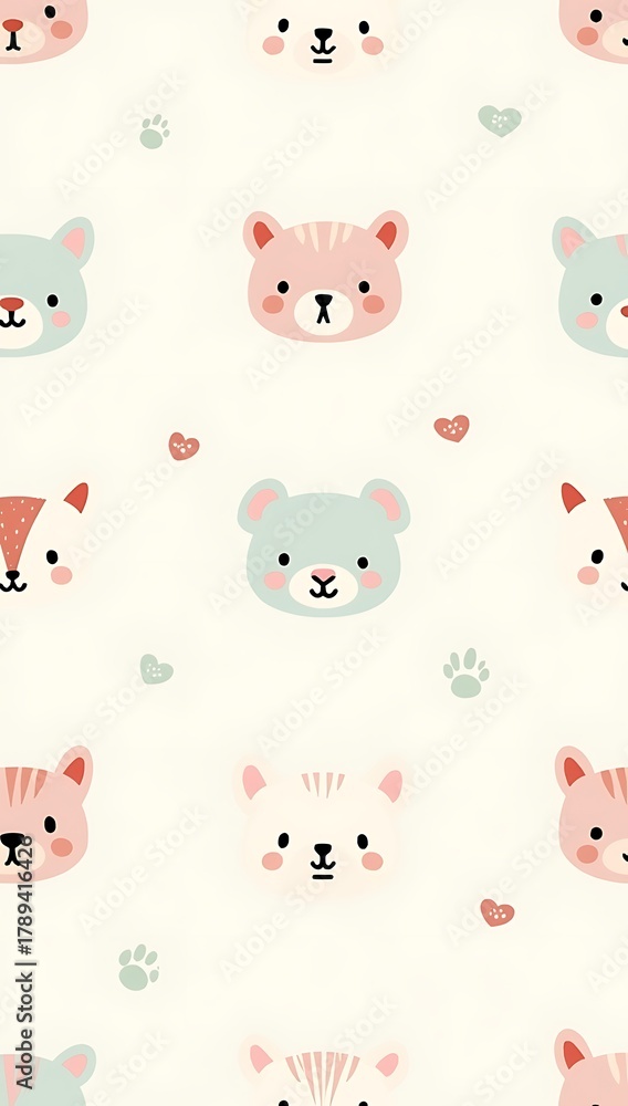 Obraz premium Adorable seamless pattern of cute animal faces like bears, bunnies, cats, and foxes in soft pastel colors, minimal cartoon kawaii vector for children’s wallpaper or prints.