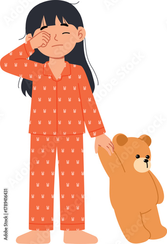 Young Sleepy Girl Character in Orange Pajamas Rubbing Her Eye and Holding Teddy Bear illustration