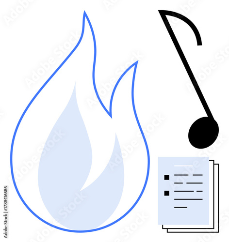 Flame represents passion, musical note creativity, and document stack organization. Ideal for art, music, teamwork, productivity, innovation passion education. Simple flat metaphor