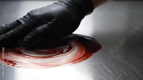 Hand in Black Glove Swirling Red Liquid on Silver Table Medical Visualization of Blood or Fluid Dynamics Under Controlled Laboratory Conditions Fluid Diagnostic Testing