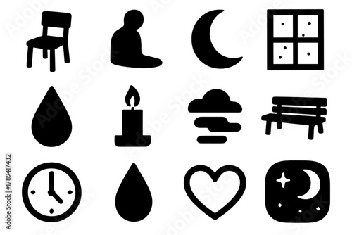 Brutalist Loneliness Icons. Loneliness Concept silhouette icon set: single chair, shadow figure, moon, window, teardrop, candle, fog, empty bench, clock, raindrop, heart outline,