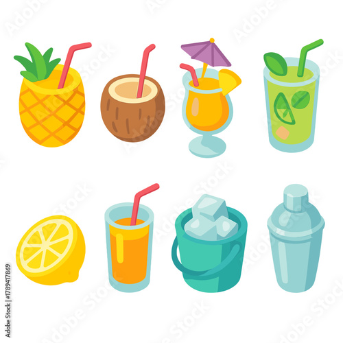 Tropical Cocktails Icons. Tropical Cocktails Icons modern flat icons set: pineapple drink, coconut cup, cocktail with umbrella, mojito glass, lemon slice, straw glass, ice bucket,