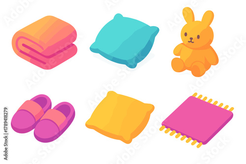 Cozy Soft Textures. Soft Textures modern flat icons set: Blanket, Pillow, Plush Toy, Slippers, Cushion, Rug.
