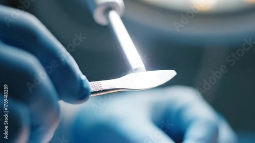 Surgeon's Blue Gloved Hands Holding a Surgical Scalpel in a Sterile Medical Environment with Bright Overhead Lighting for Intensive Care Promotional Use and Awareness