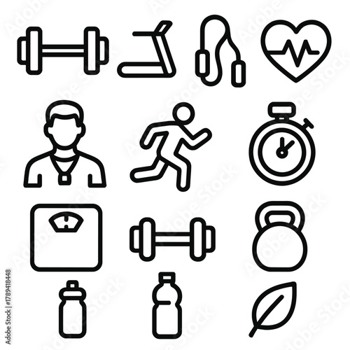 Fitness Icons Array. Strength & Cardio linear icon set: barbell, treadmill, rope, heart monitor, trainer, running person, stopwatch, kettlebell, scale, dumbbell, water bottle, leaf
