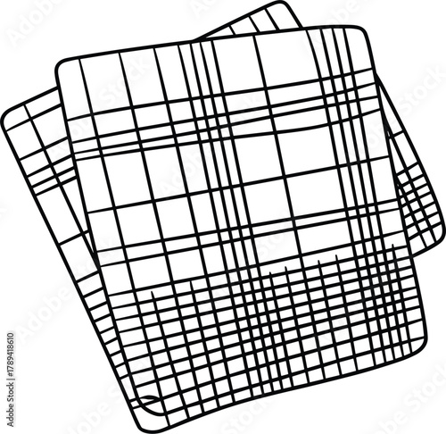 Two overlapping plaid napkins with black outlines on a white background cloth fabric