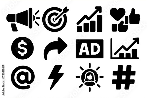 Bold Icon Set. Marketing Viral Content silhouette icon set: megaphone, target board, rising chart, social media icons, dollar sign, share arrow, ad banner, graph line, email symbol