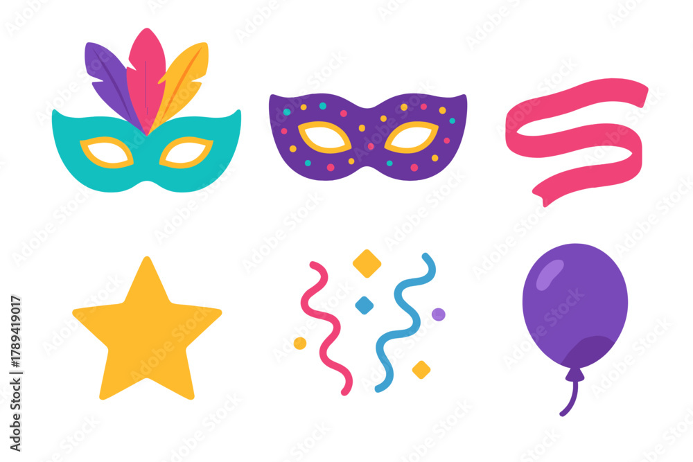 Obraz premium Modern Carnival Icons. Carnival Masks flat icons: Feather Mask, Glitter Mask, Ribbon, Star, Confetti, Balloon.