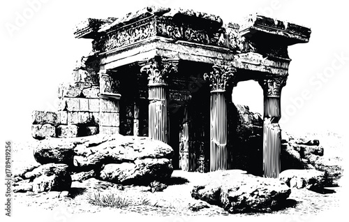 Ancient Ruins of Temple – Old Architecture, Stone Arches, Historical Monument Vector Art