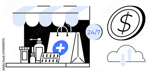 Pharmacy storefront with medicines, pills, and medical bag under awning. Includes 247 label, digital coin, and cloud symbol. Ideal for healthcare, e-commerce, online pharmacies digital payment