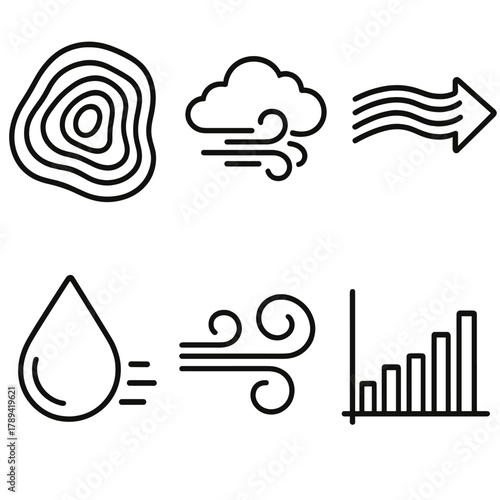 Weather Pattern Icons. Atmospheric Patterns linear icon set: air pressure map, cloud movement, jet stream, humidity droplet, wind swirl, data chart.