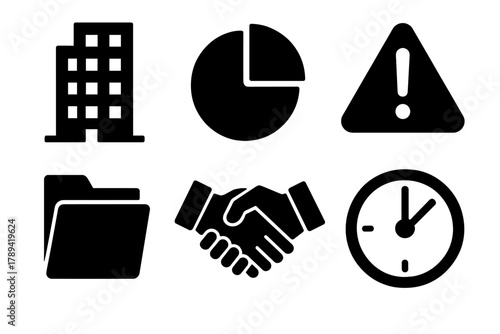 Brutalist Crisis Icons. Corporate crisis handling silhouette icon set: building, pie chart, warning icon, document folder, handshake, clock.