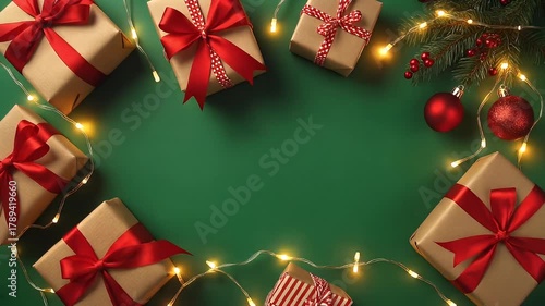 Christmas gifts and festive lights on green background top view