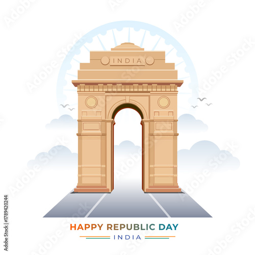 Happy republic day of India freedom celebration card design with India gate monument and tricolour flag sign symbol.
